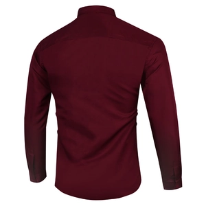 Rear view of wine red slim fit men's dress shirt showing detailed fabric texture and cut