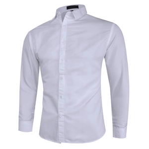 Detailed view of white slim fit dress shirt with classic collar and buttoned cuffs