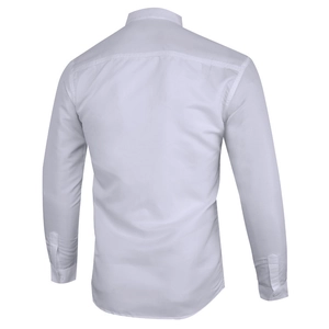 Detailed back view of a slim-fit white long-sleeve business shirt with yoke stitching