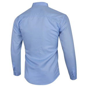 Detail of light blue slim fit shirt showing back yoke stitching and cuff craftsmanship