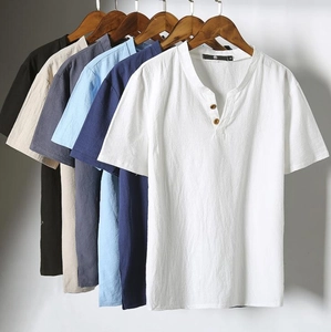 Men Henley Shirt Short Sleeve Cotton Linen Breathable Summer Top Casual Vintage Chinese Style Solid Color Soft Tee Shirt