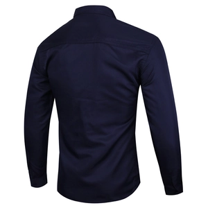 Rear view of a slim-fit dark blue long-sleeve business shirt with smooth fabric texture
