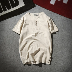 Men's linen Henley t-shirt in cream with short sleeves and wooden buttons laid flat