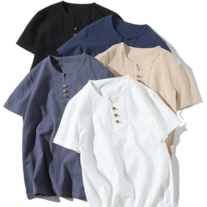 Men's short sleeve linen Henley shirt with three wood buttons in multiple colors