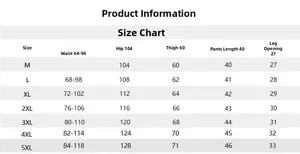 Detailed size chart for men's summer casual shorts with measurements from size M to 5XL