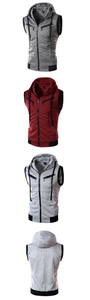 Detailed view of men's hooded vests in grey and burgundy with zipper pockets