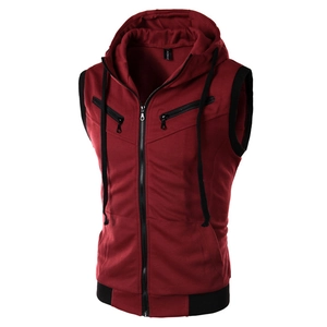 Men's slim fit hooded sleeveless vest in deep red with black zipper and drawstring