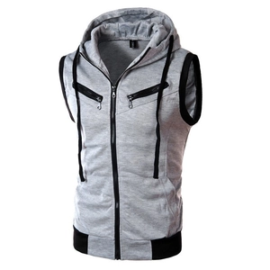 Men's slim fit hooded sleeveless vest in heather grey with decorative zippers