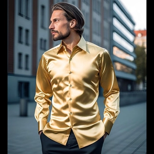 Camisa de satén para hombre en color dorado metálico con manga larga y corte ajustado