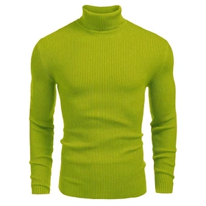 Bright green slim fit men's turtleneck sweater with vertical ribbed knit texture