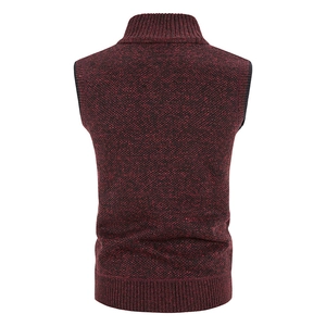 Back view of a burgundy knit vest featuring a ribbed mock neck and textured fabric