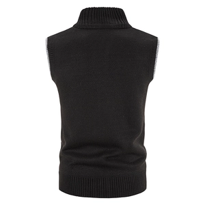 Rear view of black knit sweater vest featuring ribbed hem and high stand collar details