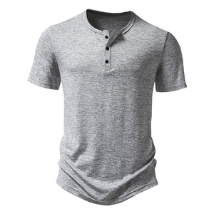T-shirt Henley da uomo grigio chiaro a maniche corte con abbottonatura frontale