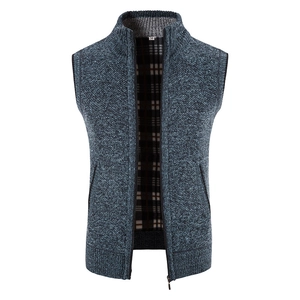 Men's navy blue knitted stand collar vest with zipper and plaid fleece lining