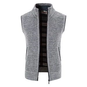 Men's grey knitted vest with warm fleece lining and standing collar design