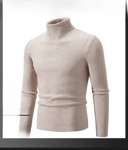 Detail showing the ribbed knit texture and double-layer turtleneck of the beige sweater