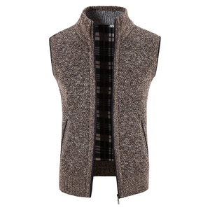 Men's winter knit vest with thick fleece lining and stand collar in brown melange