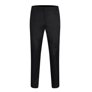 Detail view of slim-fit black suit trousers featuring a smooth finish and button closure
