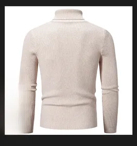 Detail view of the vertical ribbed texture on the back of a beige men turtleneck sweater
