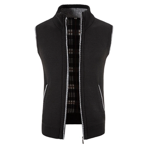 Men's black knit zip-up vest with stand collar and plaid lining in a classic fit