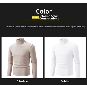 Detail view of ribbed collar and cuffs on cream and white men's turtleneck sweaters