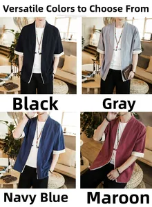 Detail of loose fit linen cardigans in black, grey, navy blue, and burgundy colors