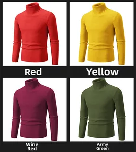 Detailed grid of men's turtleneck sweaters in rib knit red, yellow, wine, and army green