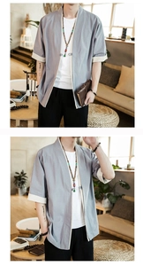 Detail of grey cotton-linen kimono jacket with white trim and traditional frog closure