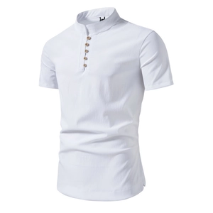 Camicia retrò bianca a maniche corte da uomo con colletto alla coreana in lino