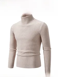 Close-up of beige ribbed knit texture on a men's turtleneck sweater with slim fit details