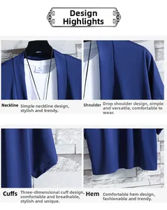 Detail view of the collar, shoulder, cuff and hem of a navy sun-protective ice silk shirt