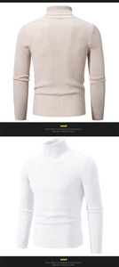 Detail shot of the ribbed knit texture and turtleneck design on this men's fitted sweater
