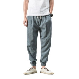 Men's linen cotton harem pants in grey-blue with drawstring waist and jogger cuffs