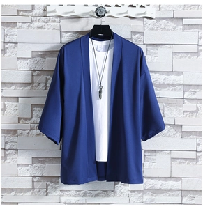 Detail of navy blue ice silk sun protection kimono jacket with loose 3/4 sleeves