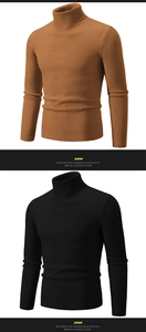Close-up of ribbed knit texture on men's turtleneck sweaters in tan and black colors