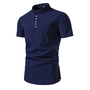 Camicia vintage da uomo in cotone lino blu scuro con collo alla coreana e bottoni