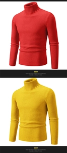 Close-up of vertical ribbed knit texture on red and yellow turtleneck sweaters