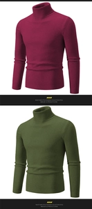 Detail view of burgundy and olive green slim fit turtleneck sweaters in ribbed knit fabric