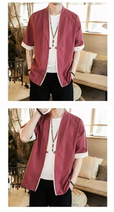 Detail of burgundy cotton linen cardigan featuring a minimalist loose fit and beige lining