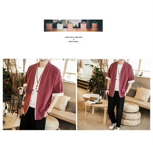 Detailed view of burgundy cotton linen kimono jacket with white contrast cuff trim