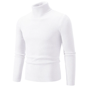Detail shot of the white ribbed knit texture and turtleneck design on men's winter sweater