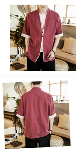 Detail showing red Chinese style cardigan with ivory piping and traditional knot buttons