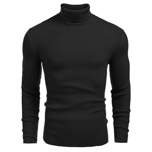 Close-up of the vertical ribbed knit texture on a black men's turtleneck sweater