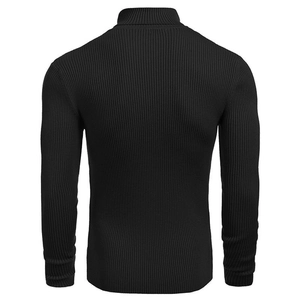 Detailed back view of men's black knit sweater showing vertical ribbed texture and slim fit