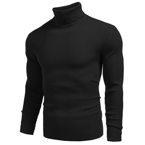 Detail view of black high-neck knit sweater showing ribbed texture and slim fit design