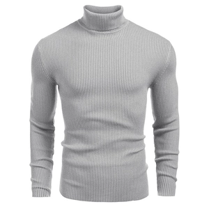 Close-up of light grey ribbed knit texture on men's fitted turtleneck sweater