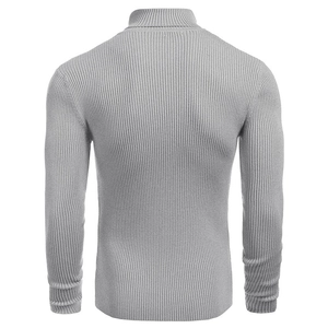 Back view detail of light grey slim fit turtleneck sweater with vertical ribbed knit texture