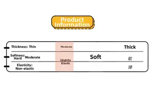 Size chart showing moderate thickness, medium softness, and slight elasticity for t-shirts