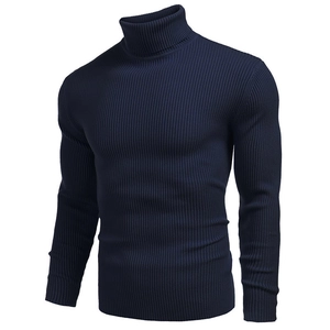 Detail of navy blue ribbed knit texture and double-layered turtleneck on men's sweater