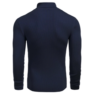 Rear view detail of dark blue turtleneck sweater featuring vertical ribbed knit texture